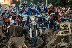 Competitors perform during the finals of prologue race for the Red Bull Romaniacs in Sibiu, Romania on July 2nd, 2013.
